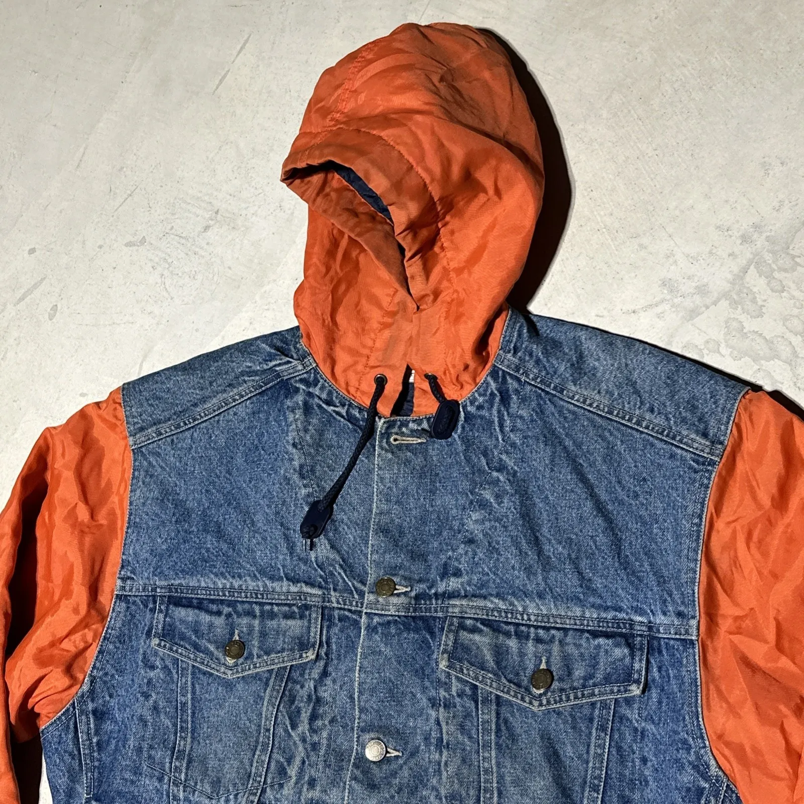 Vintage 90's The Gap Denim SZ Small Jean Jacket W/ Hood Orange Sleeves HipHop - Image 3