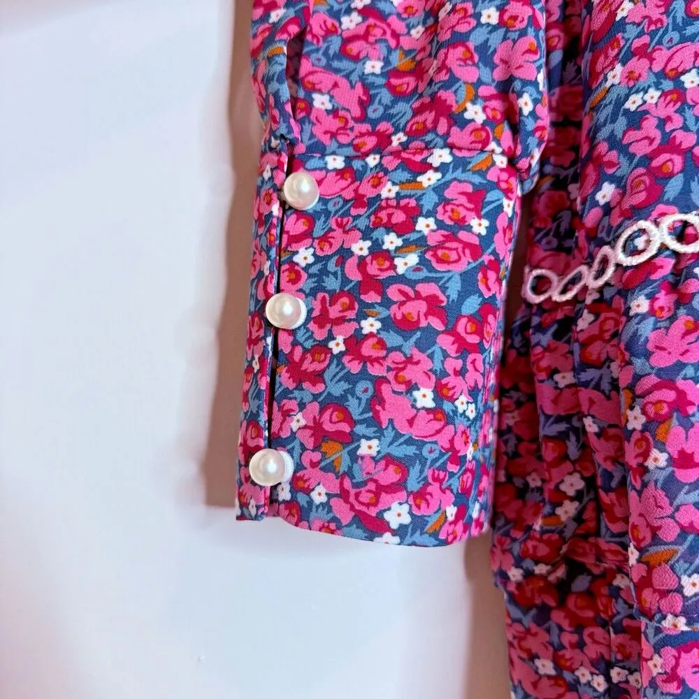 Boho Floral Mini Dress‎ L Women’s Long Sleeve Ruffle Hem Cottagecore Lace Trim Blue Size L - Image 4