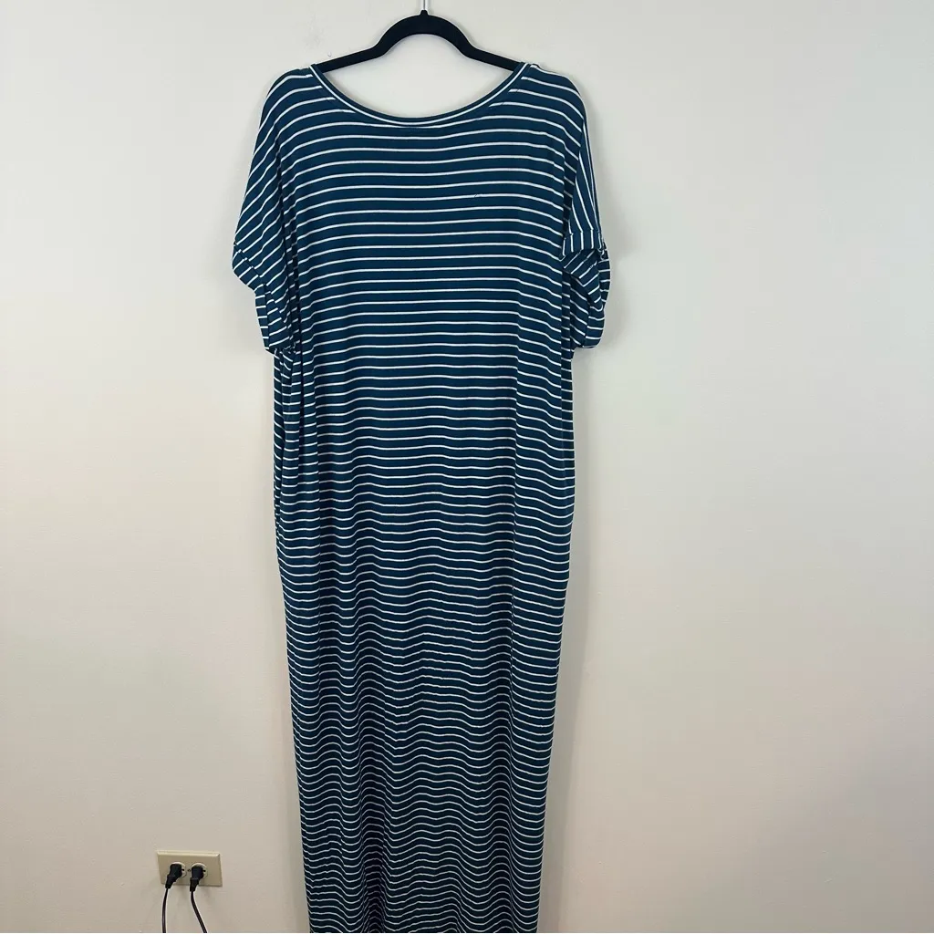 MATILDA JANE Set Sail Maxi Dress Teal Blue Green White Striped Pockets VNeck XL - Image 7