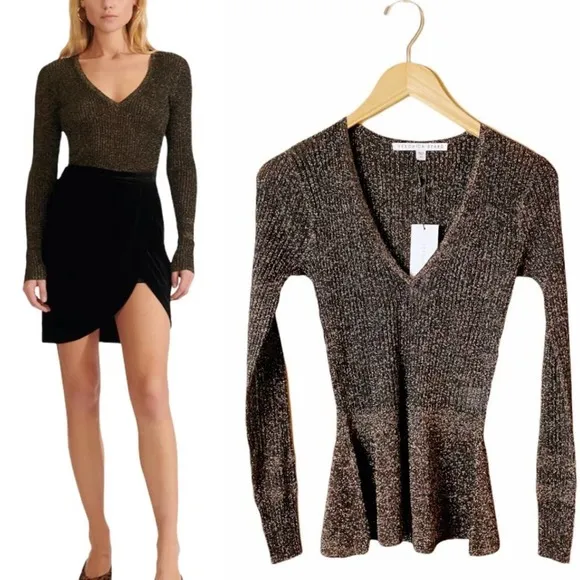 VERONICA BEARD Esmeralda Ribbed Sweater Black Metallic Peplum V-Neck Pullover XS - Image 2
