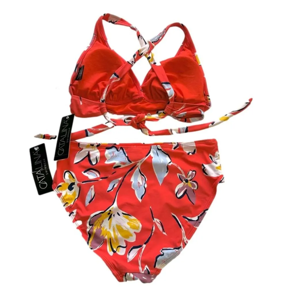Catalina Bikini Set Red Floral Tie Back Top High Waisted Bottom Swim Small NEW - Image 5