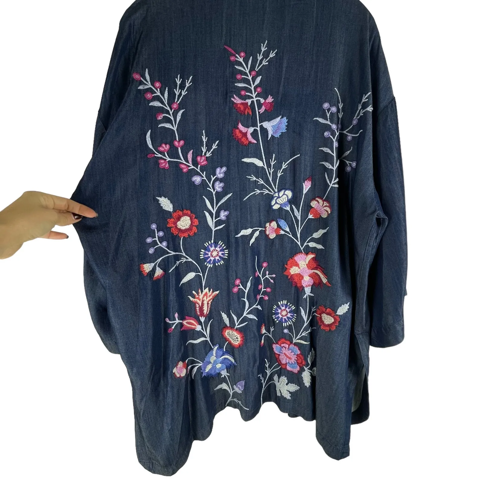 Johnny Was Piper Shirt Tail Kimono Jacket Embroidery Denim Size XL - Image 10