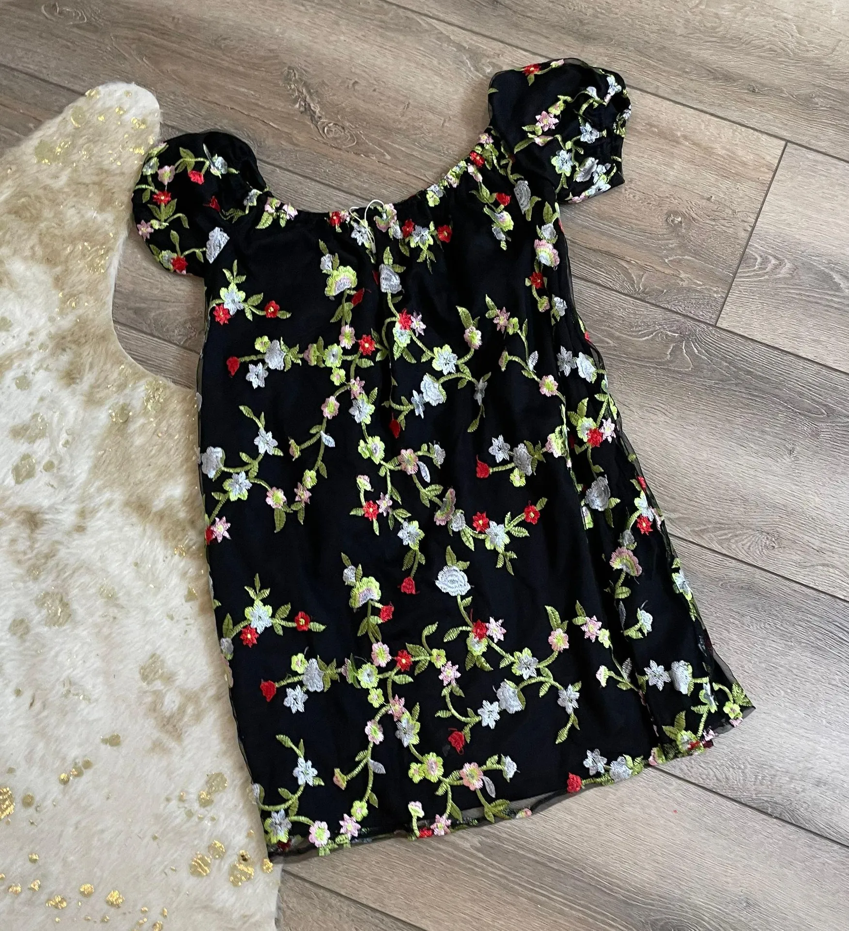 Kimchi Blue Urban Outfitters Mesh Black Floral Embroidered Off The Shoulder Dress - Image 3