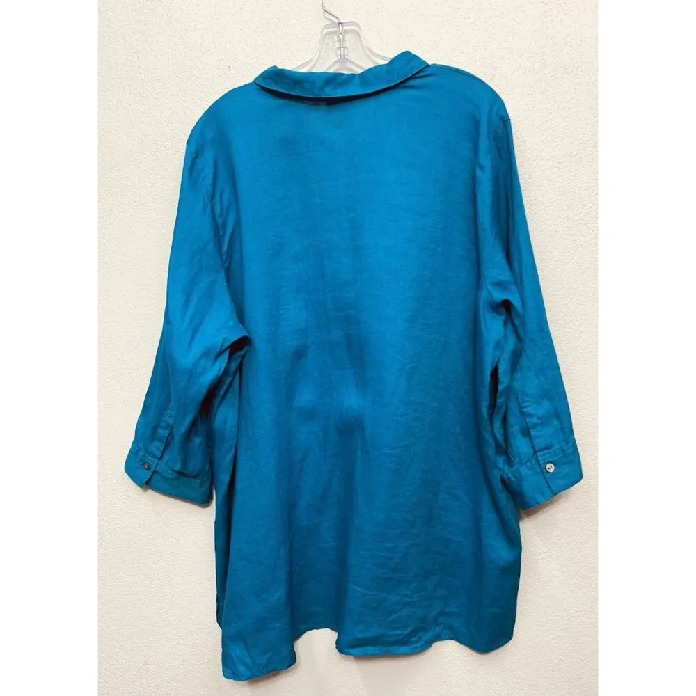 J. Jill Love 100% Linen Shirt Tunic Popover XL Turquoise 3/4 Sleeve Beach Office Blue - Image 2