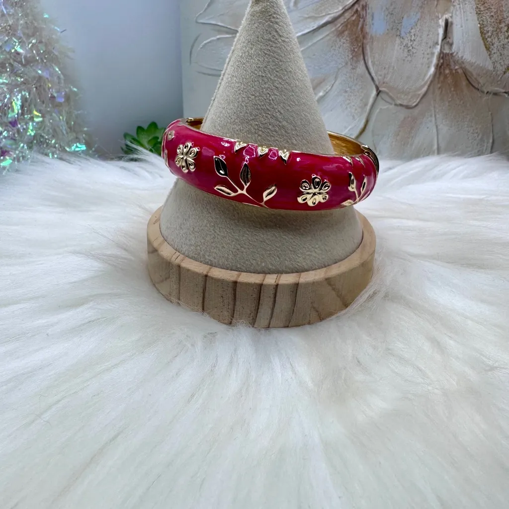 The Red and Gold Thick Enamel Floral Design Bangle Bracelet - Image 2