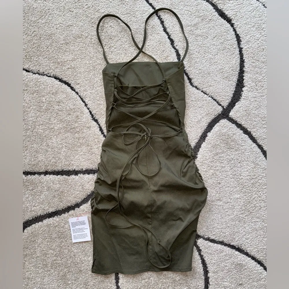 DESIGN lace-up back structured mini dress with square neck in khaki - Image 4