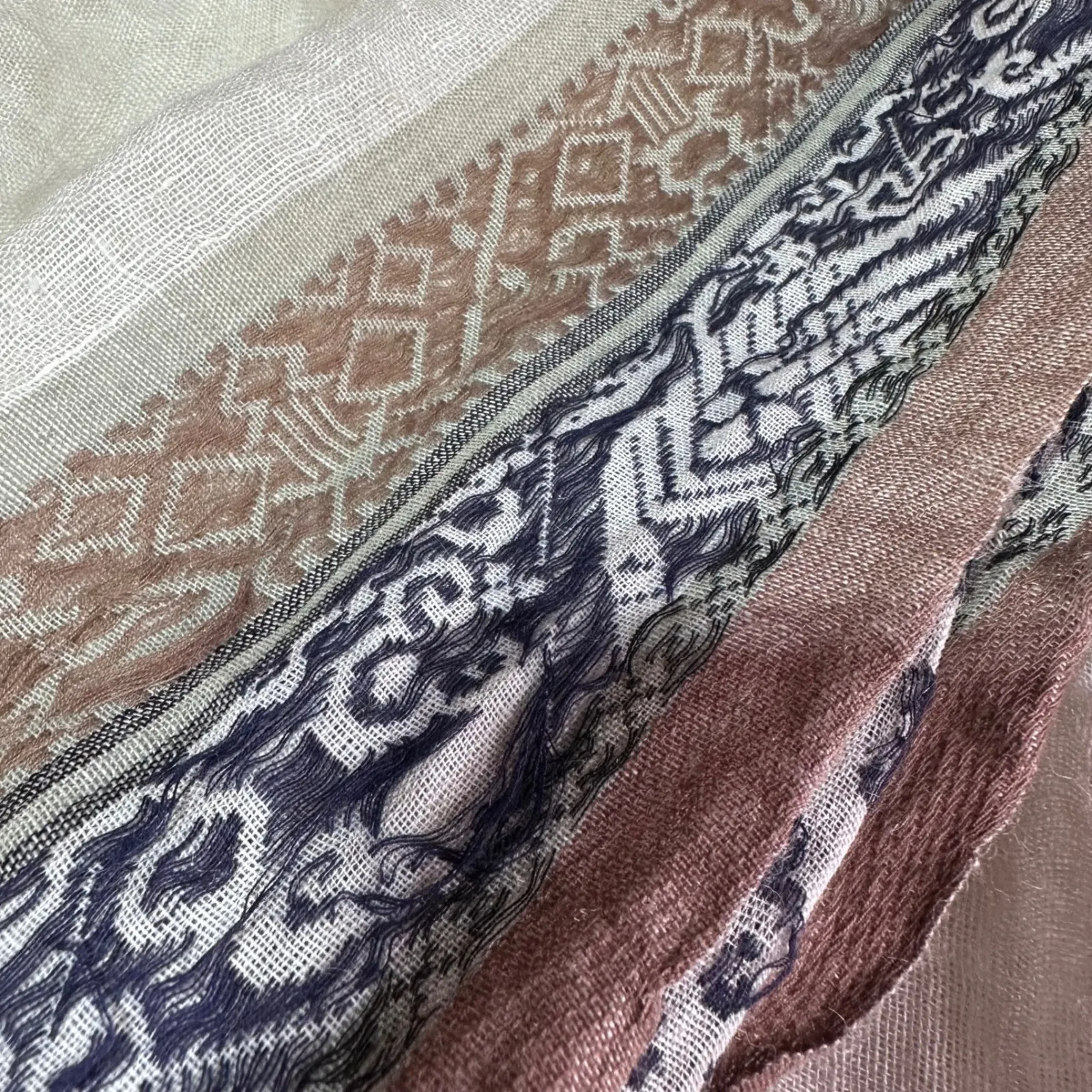 Linen Blend Cotton Scarf Boho Tribal Tassel Fringe Shawl Designed in France Tan - Image 6