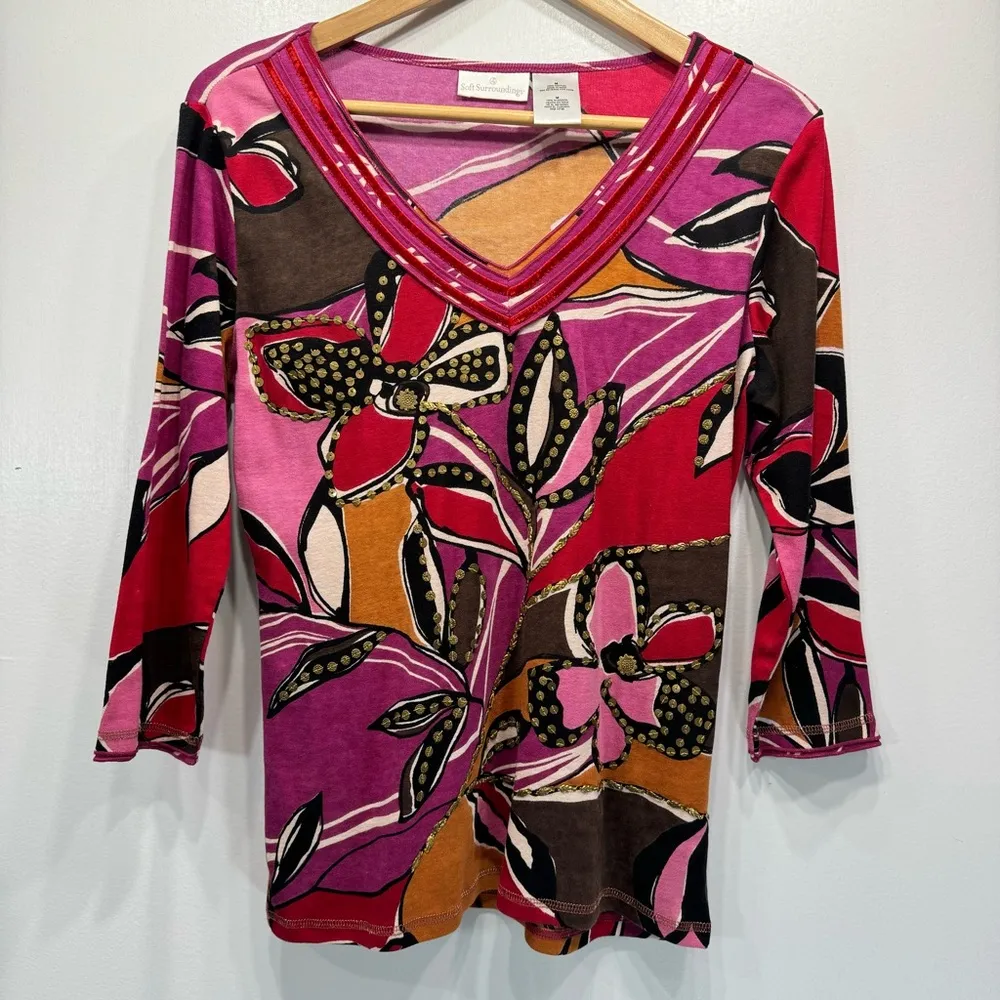 Soft Surroundings Bold Abstract Floral Beaded Sequins 100% Cotton Top Medium - Image 8