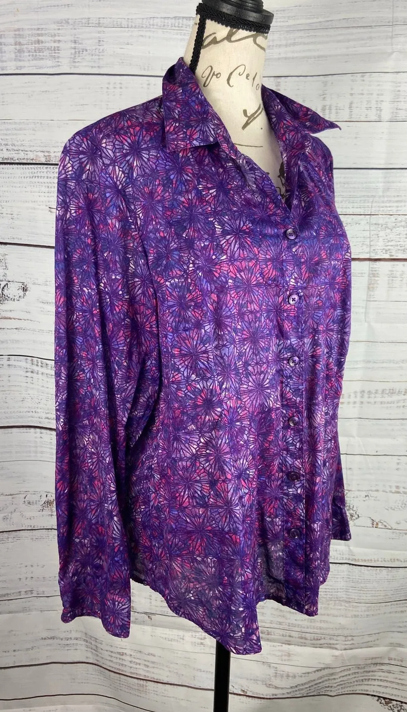 Coldwater Creek No Iron Button Front Shirt Womens PL P14 Purple Cotton Collared - Image 1