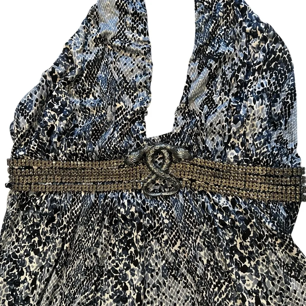 Sky Snake Print Silk Halter Tie Dress Snake Rhinestone Empire Waist, Sz L Size L - Image 10