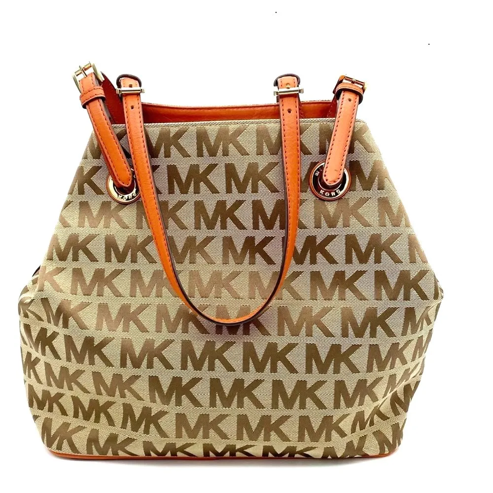 NEW MICHAEL Michael Kors Beige Tan Orange Signature Canvas & Leather Tote Large - Image 16