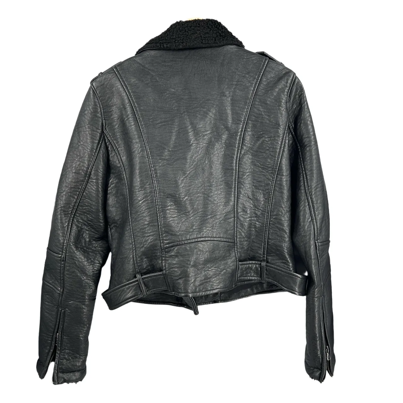 JKT Vegan Black Faux Leather Moto Biker Jacket Shearling Collar Women’s M Size M - Image 5