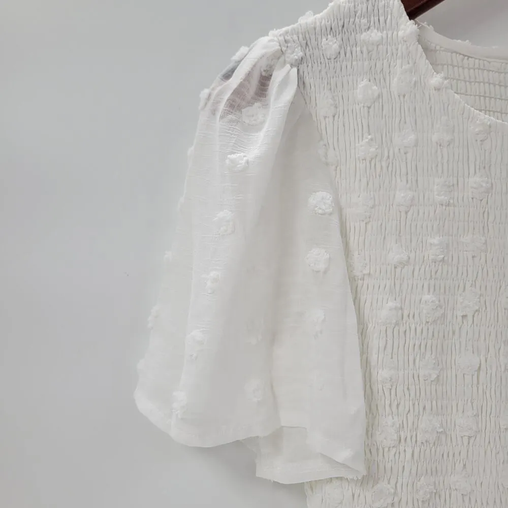 Kandra Womens Dress Medium White Smocked Flutter Sleeve Swiss Dot Flowy Midi NEW - Image 6