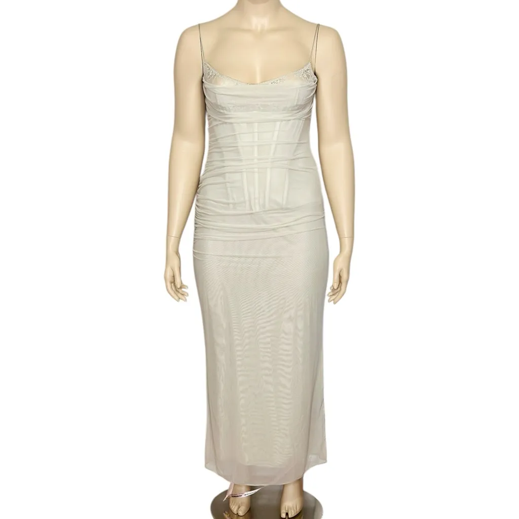 HOUSE OF CB Nalini Mesh Lace Corset Maxi Dress, Sand, L+ - Image 8