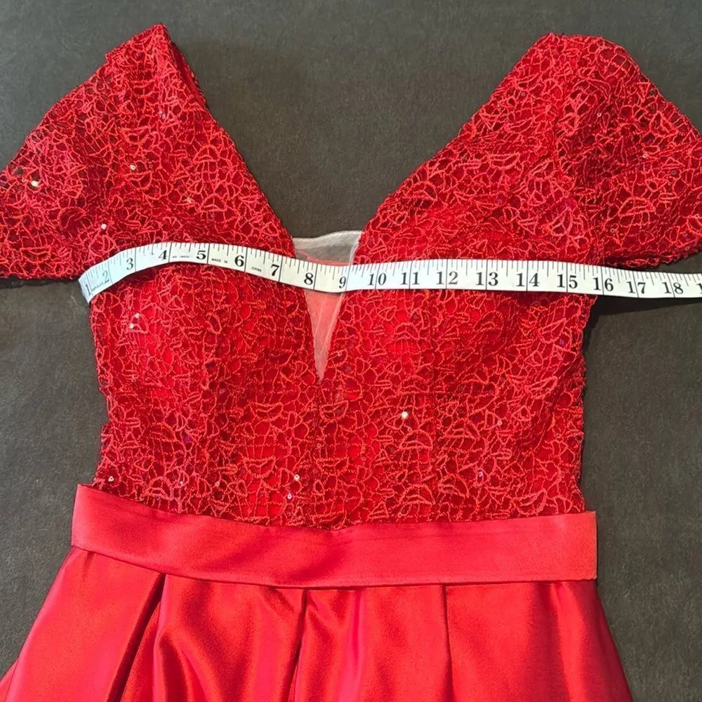 Red Full Length 3/4 Sleeve Sparkly Bodice Formal Prom Dress LegSlit Size 4 *READ - Image 10
