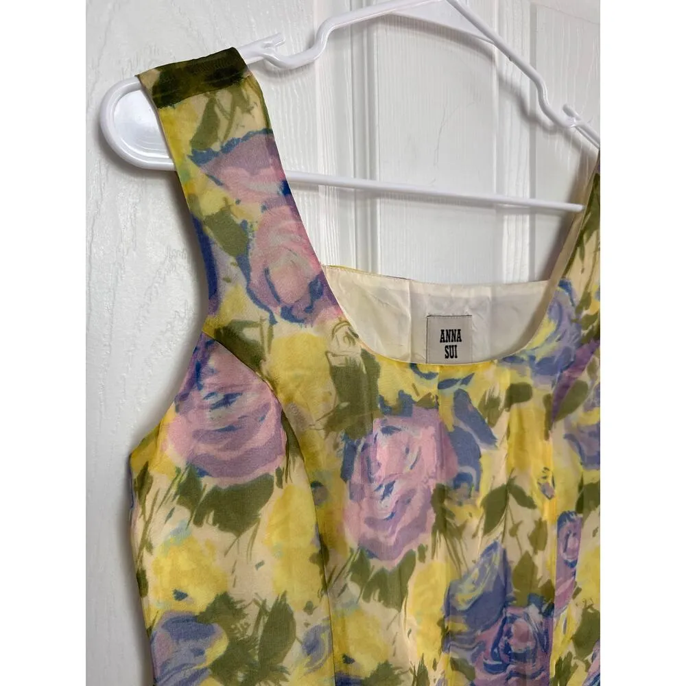 Anna Sui Anthropologie silk yellow floral sleeveless drop waist dress 6 - Image 10