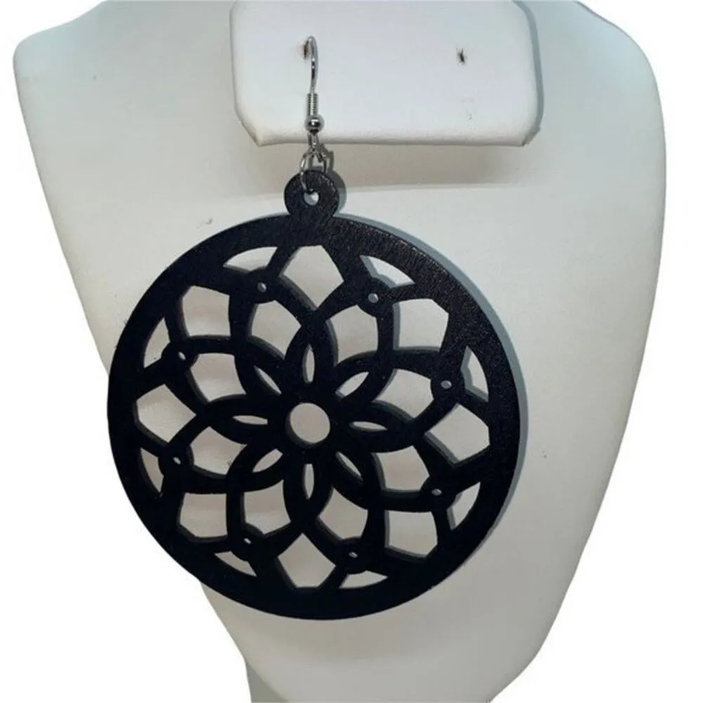 NWT Black Wood Circled Laser Cut-Out Perforated Dangle Earrings - Image 2