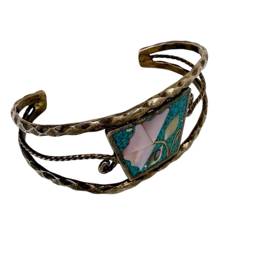 Vintage 70s Alpaca Mexico Silver Turquoise Abalone Floral Inlay Cuff Bracelet Blue - Image 7