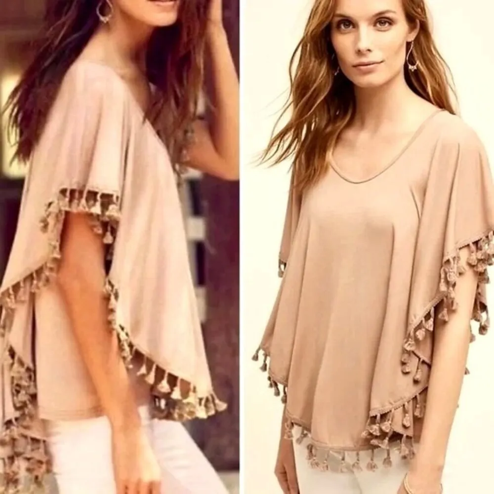 Anthropologie Eri And Ali Shirt Women Medium Tan Tasseled Dolman Top Boho Hippie - Image 2
