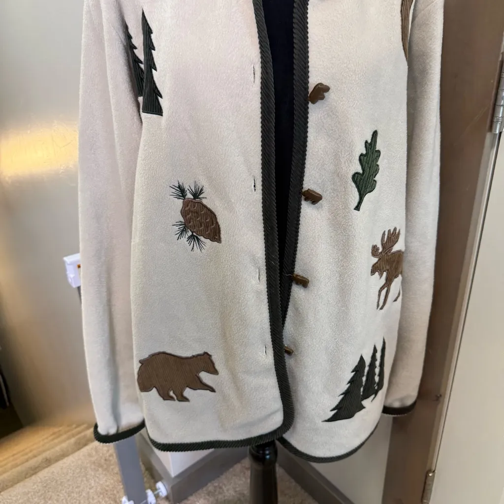 Vintage CJ Banks Button Down Sweater Jacket Cream Woodsy Animals Deer Trees XL Brown - Image 3