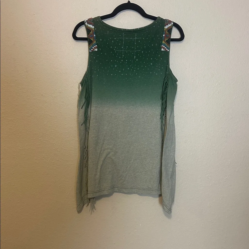 Double D Ranch Beaded Thunder Bird Highway Eagle Fringe Tank Top Size Medium Green - Image 7