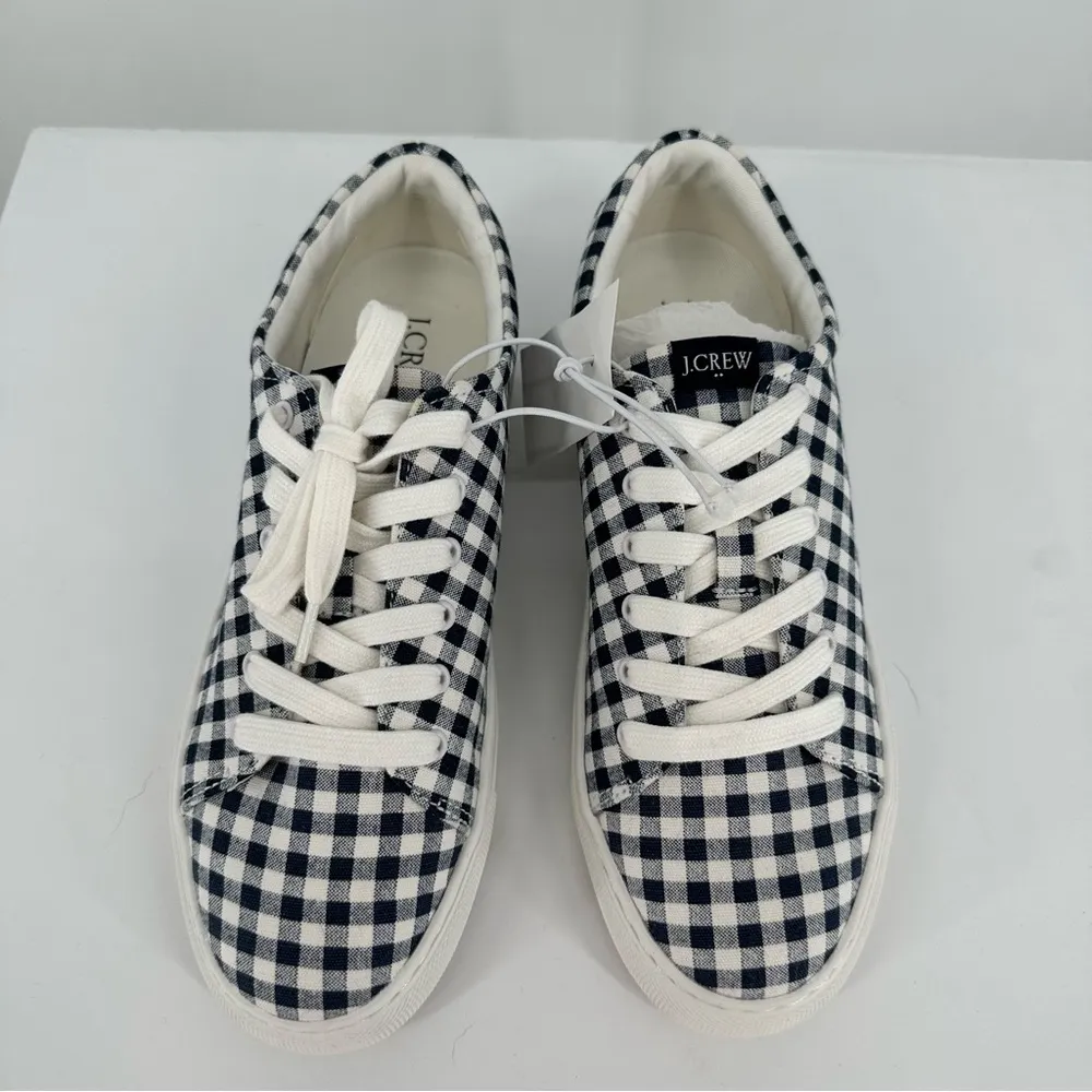 J Crew Factory Gingham Printed Road Trip Canvas Sneakers size 7.5 NWT Navy White - Image 3