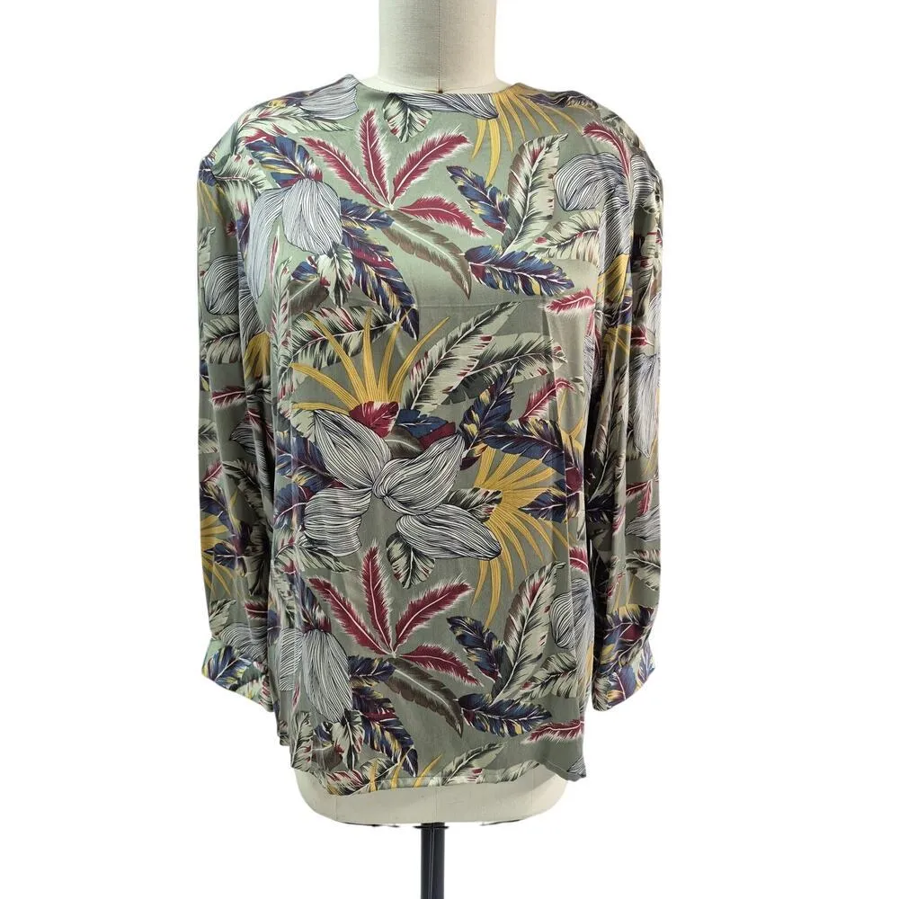 DONCASTER Silks 100% Silk Blouse w/ Detachable scarf Tropical Green Print Sz 16 - Image 6