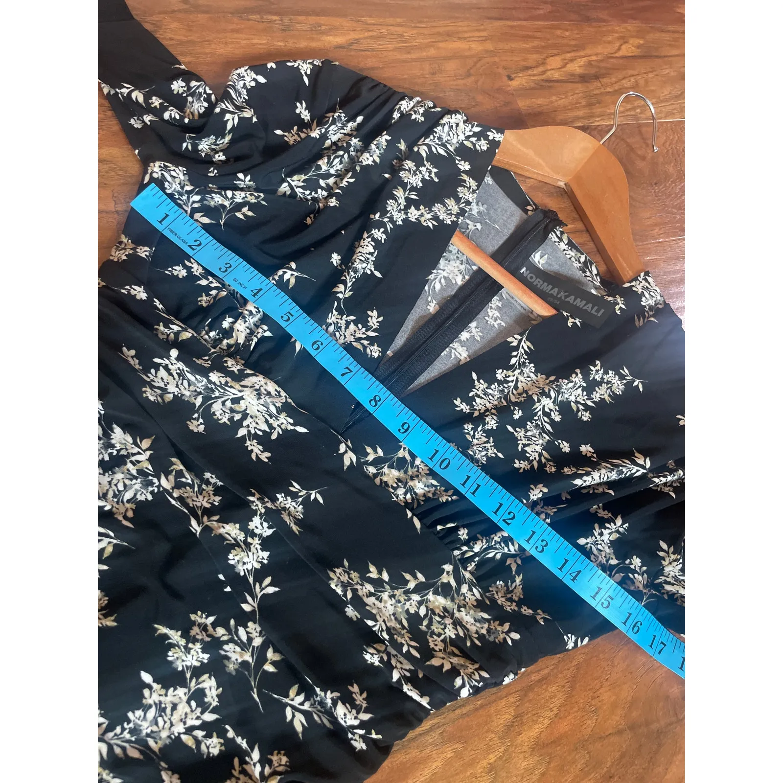 NORMA KAMALI Floral Print Shirred Jumpsuit STRETCHY SLINKY Wide Leg Black Sz XS - Image 8