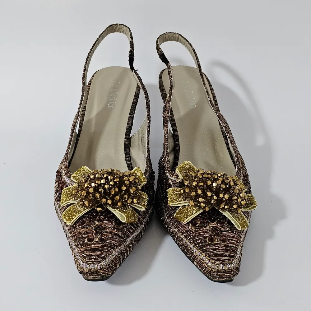 John Fashion Brown Textured Beaded Bow Detail Slingback Heels Size 10 - Image 6