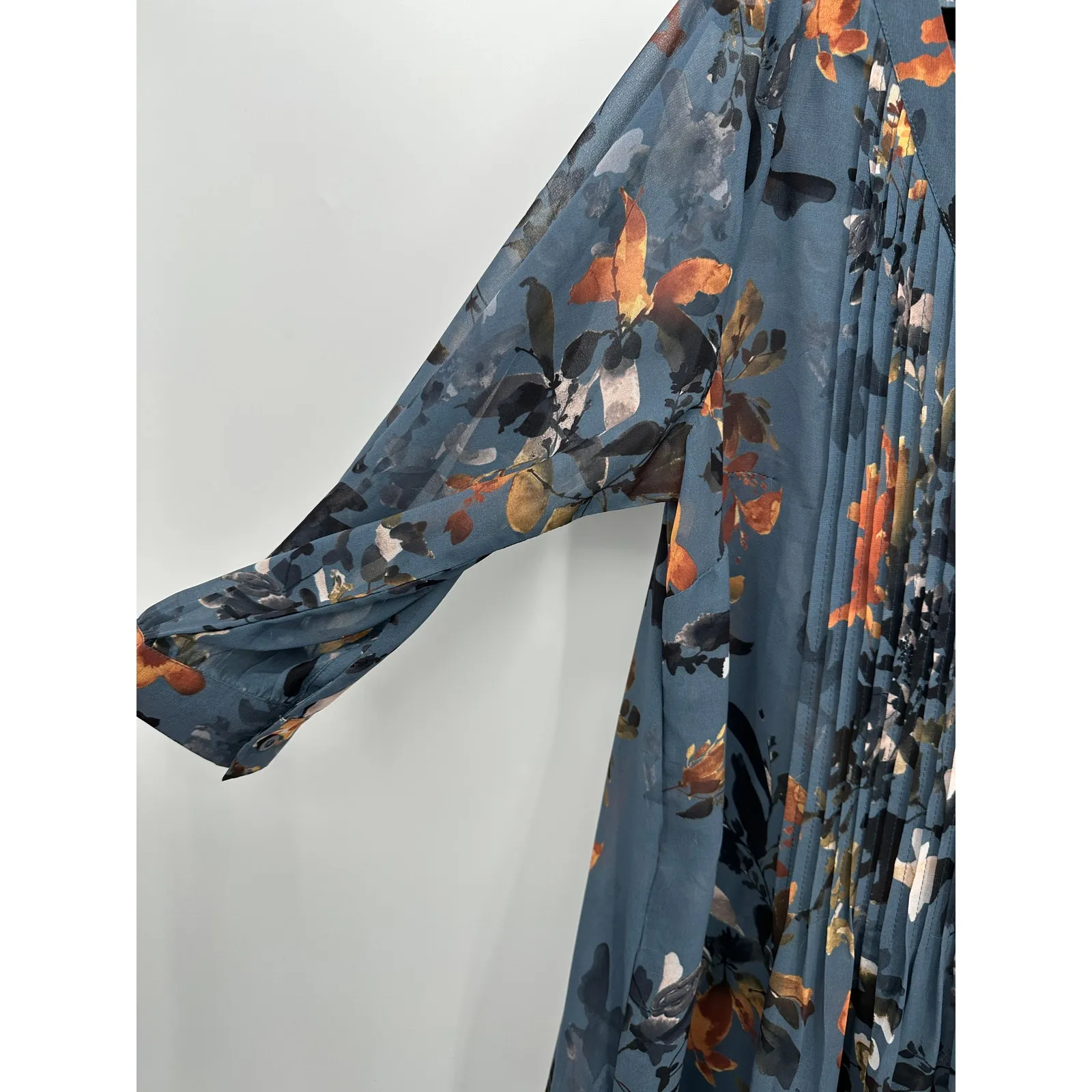 Wayward Fancies Pintuck Pleat Floral Print Georgette Shirtdress Women 2X Sheer Blue - Image 5