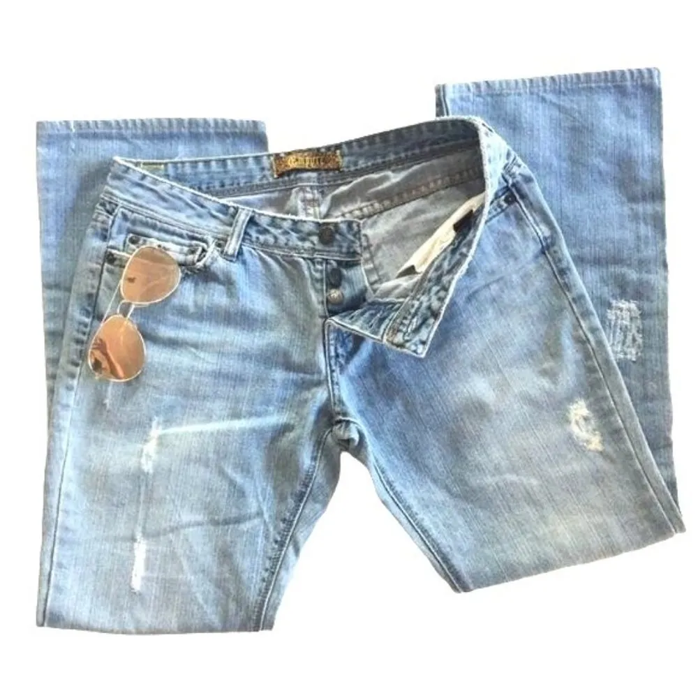 EMPYRE Low Rise Jeans Button Up Light Blue Distressed Cotton Bootcut Leg Size 7 - Image 2