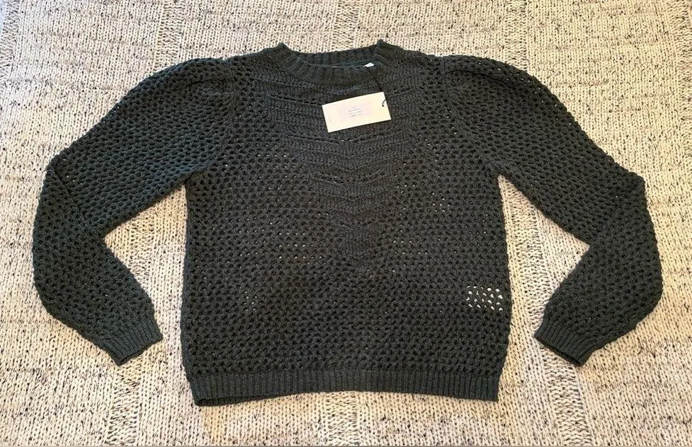 Joie Lala Puff Sleeve Crochet Open Knit Sweater in Jungle Green, Size S, NWOT - Image 2