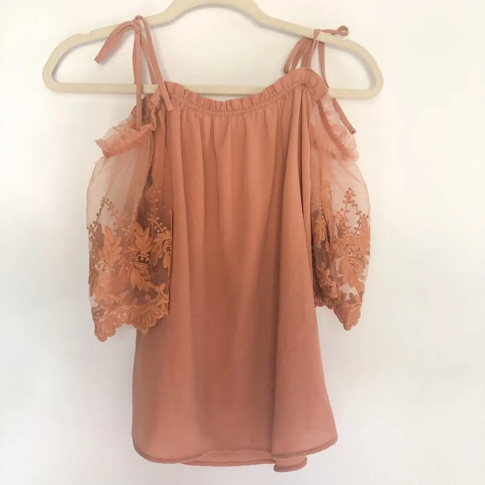 Gorgeous Cold Shoulder Top with Tulle Sleeve Rust Orange Medium - Image 4