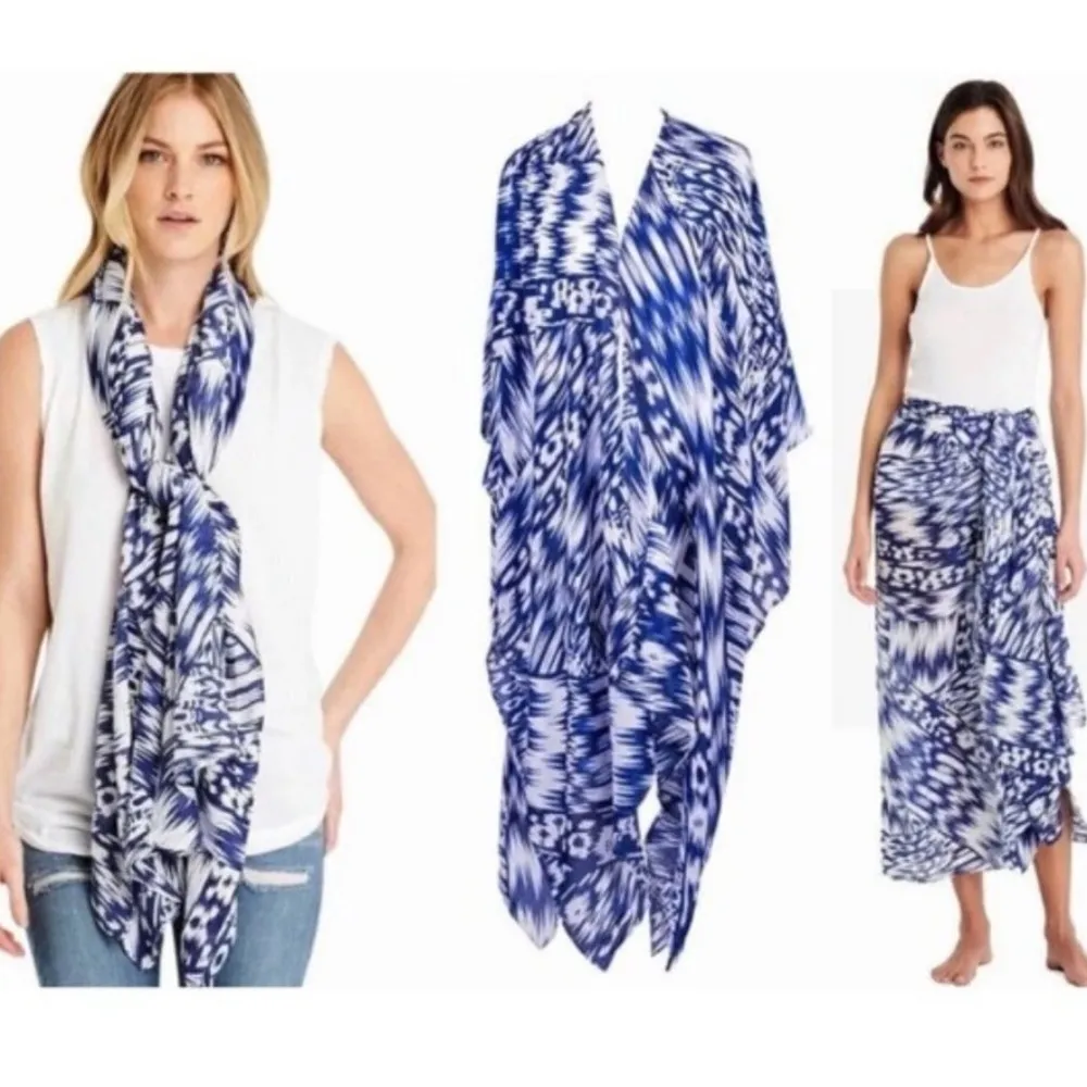 MICHAEL STARS Blue White Ruana Beach Viscose Wrap Scarf Sarong OS - Image 2