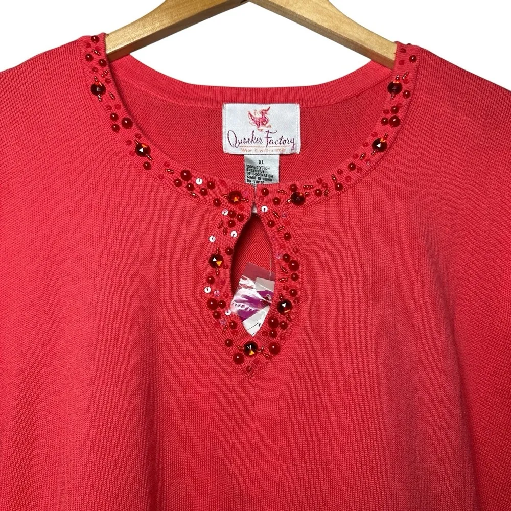 NWT Quacker Factory Coral Sequin Knit Top XL Keyhole Dopamine Dressing Statement Orange - Image 3