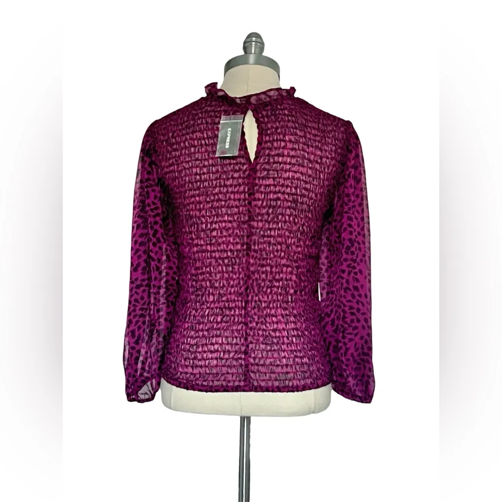 Express NWT Smocked Sheer Sleeve Mesh Top Purple Black Animal Print Cheetah Sz M - Image 5