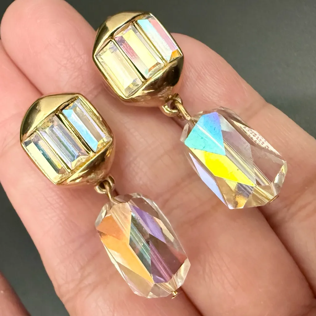 Vintage SWAROVSKI Swan Signed Gold-tone Aurora Borealis AB Crystal Drop Earrings - Image 9