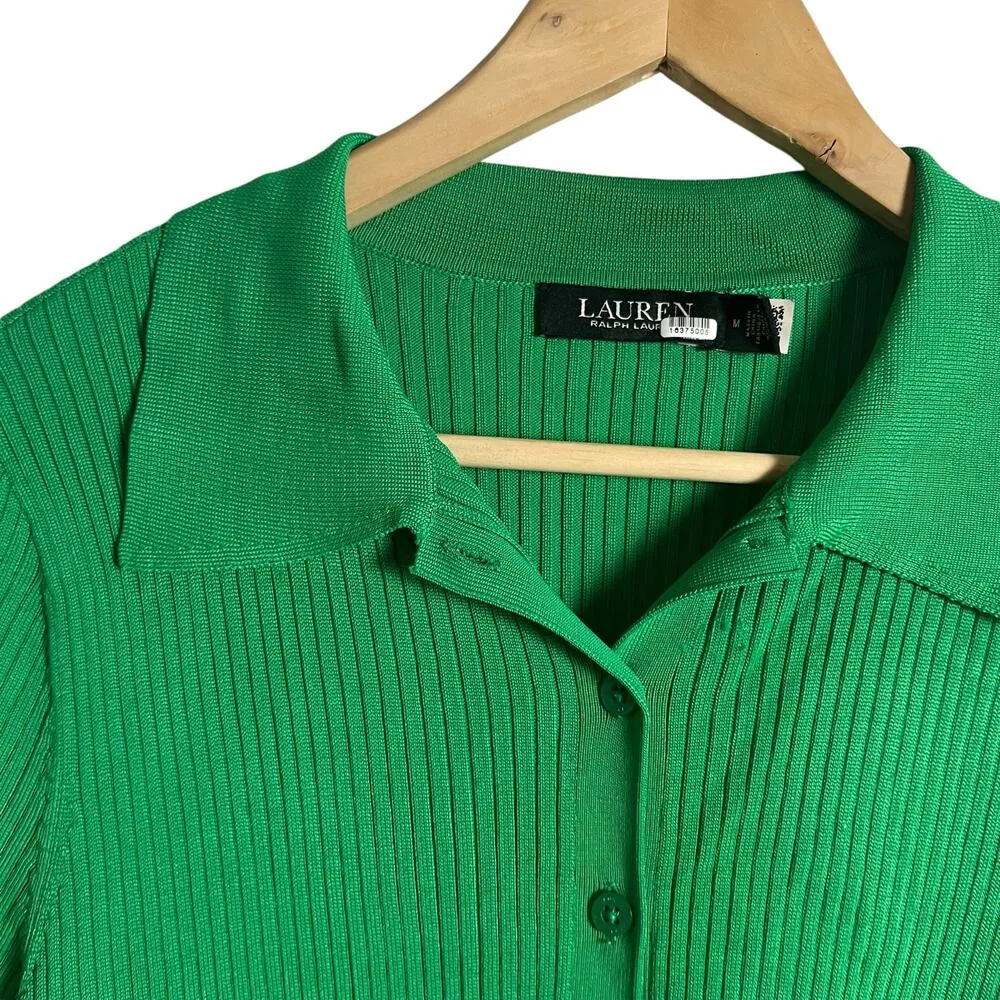 Lauren Ralph Lauren Green Collared Polo Ribbed Knit Cardigan Sweater Size M Size M - Image 7