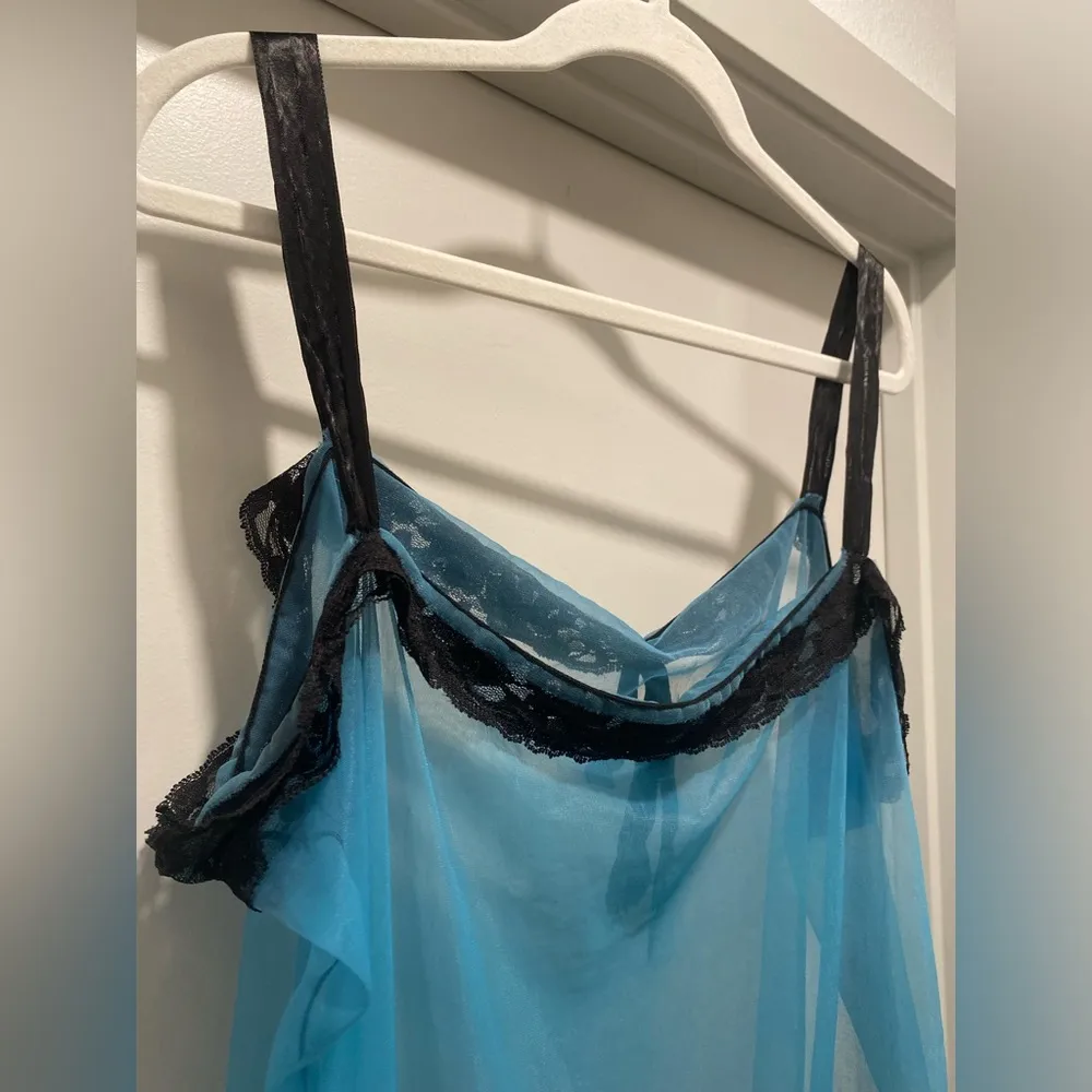 VTG 80s 90s Teal Blue & Black Lace Trim Coquettecore Babydoll Lingerie Tank Top Size XL - Image 9