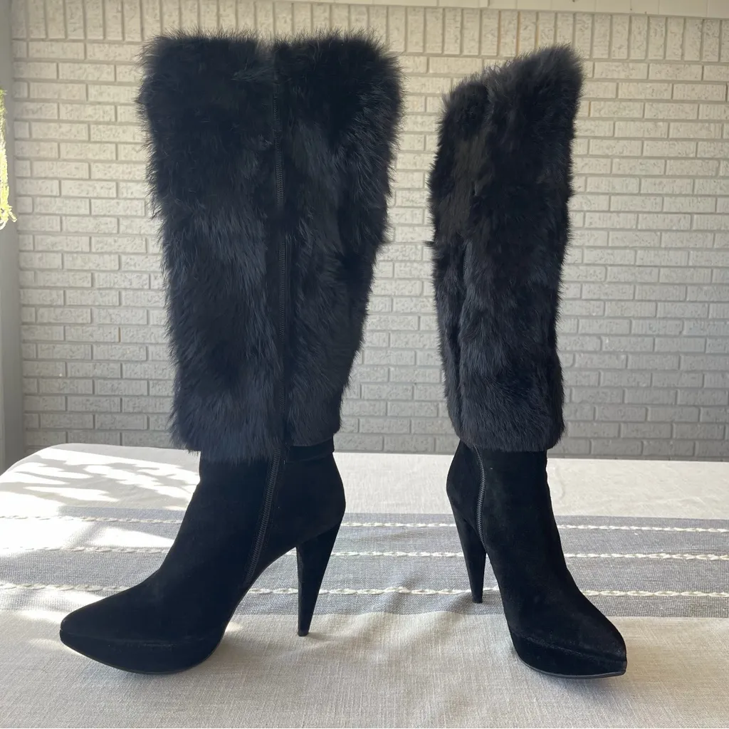 Stuart Weitzman Boots Tall Black Suede High Heel Fox Fur Size 8 - Image 5
