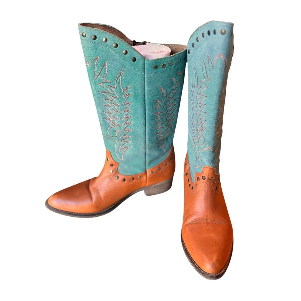Matisse Tumbleweed Western Cowgirl Boots Turquoise Cognac Leather Studded 9.5EE Blue Size 9.5 - Image 5