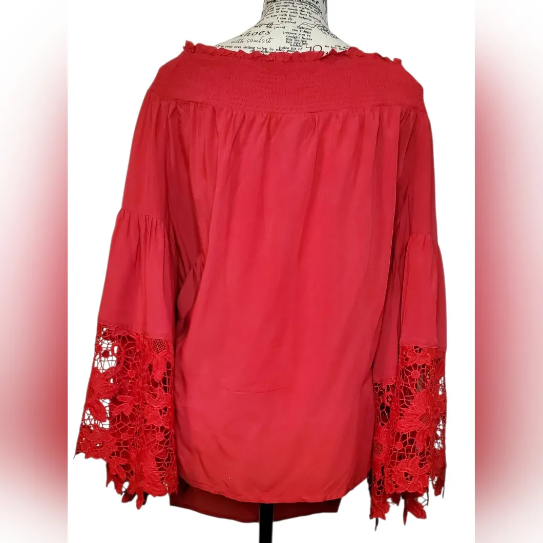 Lane Byant Red Off-Shoulder Blouse With Lace Bell Sleeves Size: 18/20 - Image 3