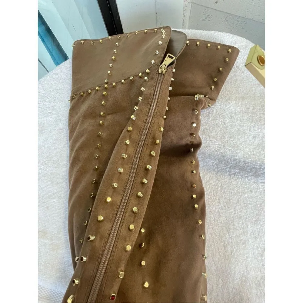 New Venus Faux Suede Studded Over the knee Taupe Boots - Image 8