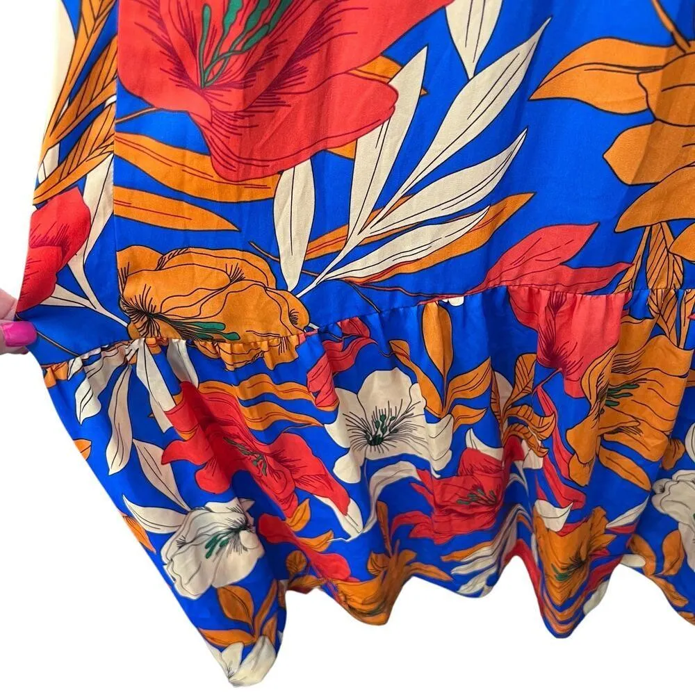 Easel Geometric Floral Maxi Dress Blue Tiered Pockets Small V Neck Boho NWT - Image 5