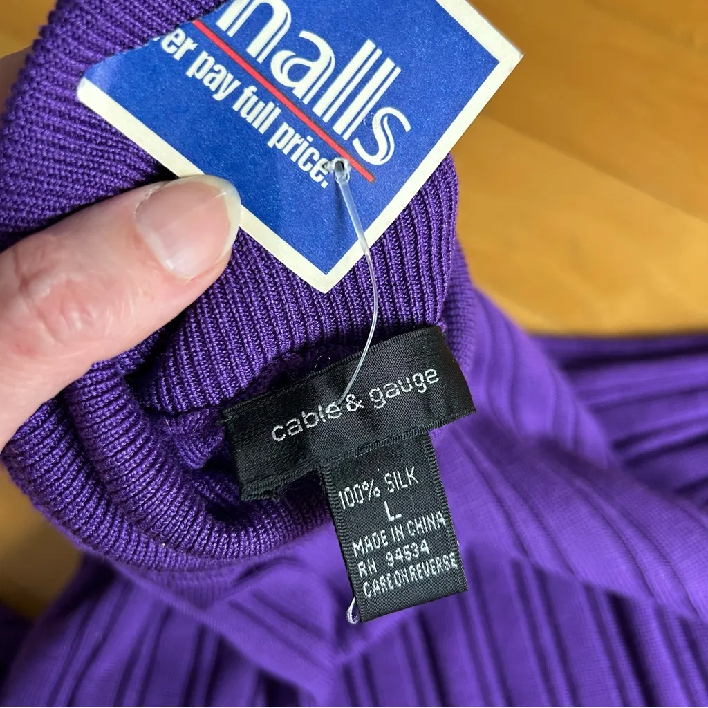 Cable & Gauge Lightweight, Silk, Ribbed Turtleneck Sweater, Purple, Size L - Image 5