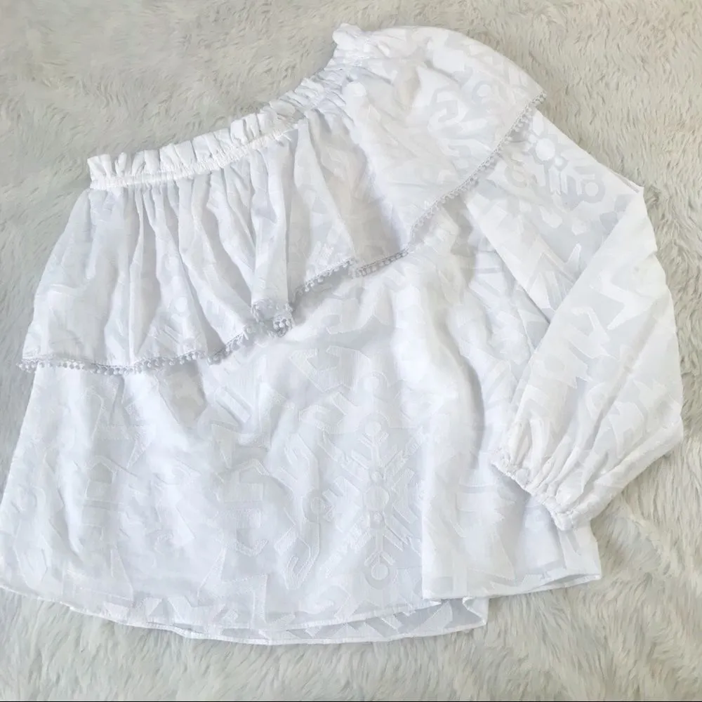 PARKER White One Shoulder Top Blouse Cotton‎ Long Sleeve Ruffle Tassel XS New - Image 4