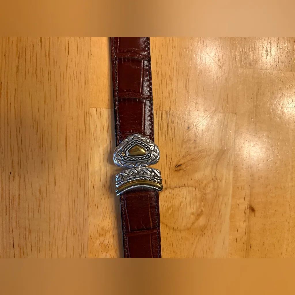 Brighton Black Brown Leather Belt Silver Brass Buckle 3 way convertible M/L - Image 11