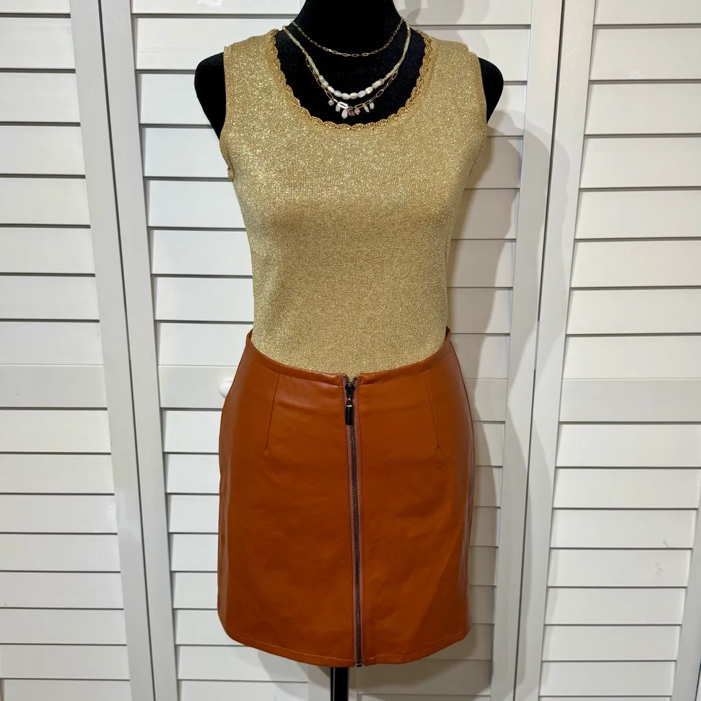 HYFVE Faux Leather Mini Skirt Brown Front Zip High Waist Size S - Image 3