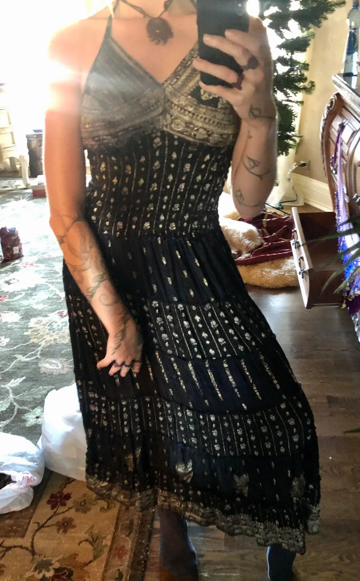 Adorable Metallic Gold Open Back Midi Dress - Image 6