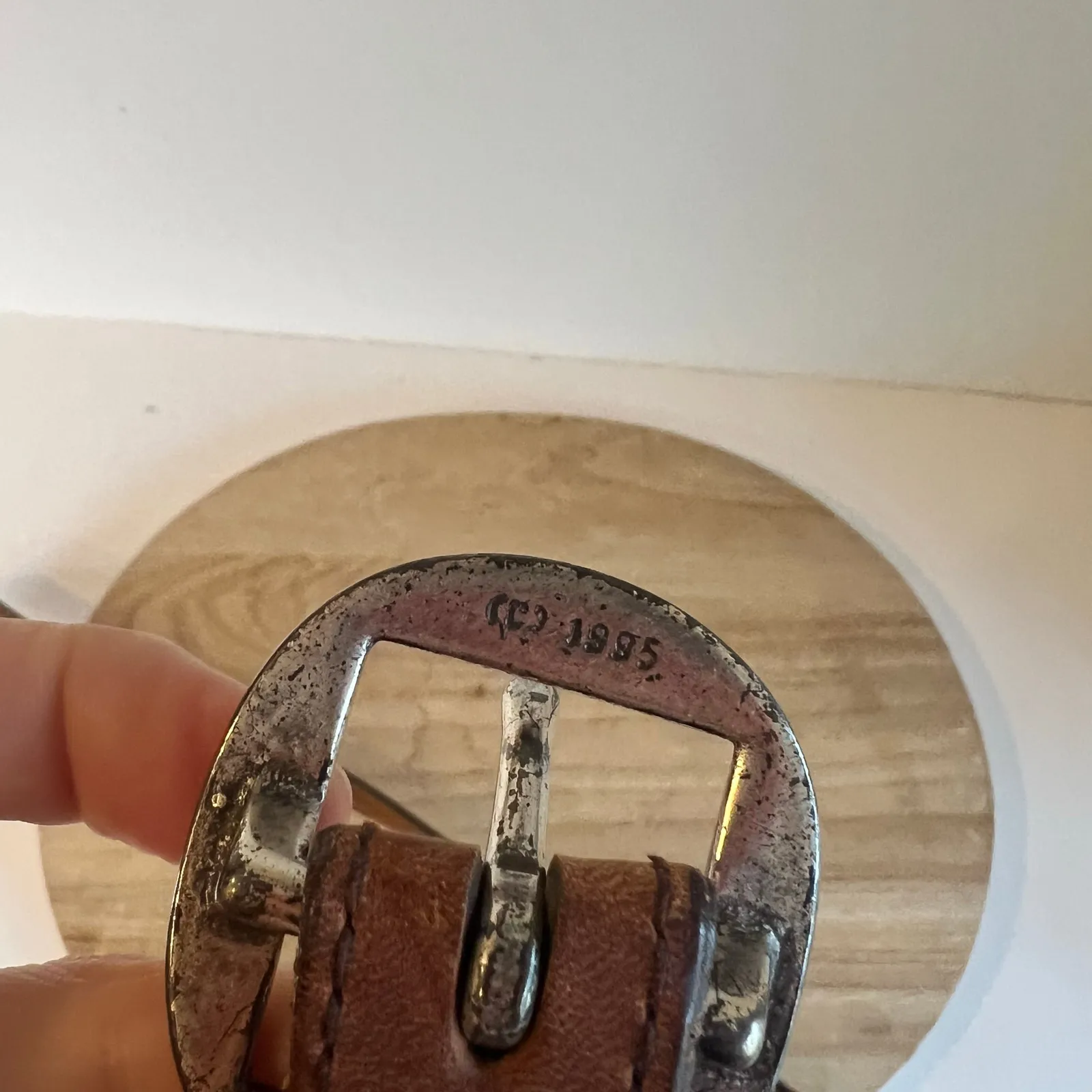 1995 Brown Distressed Genuine Leather Silver Solid Brass Buckle Belt Size Large - Image 5